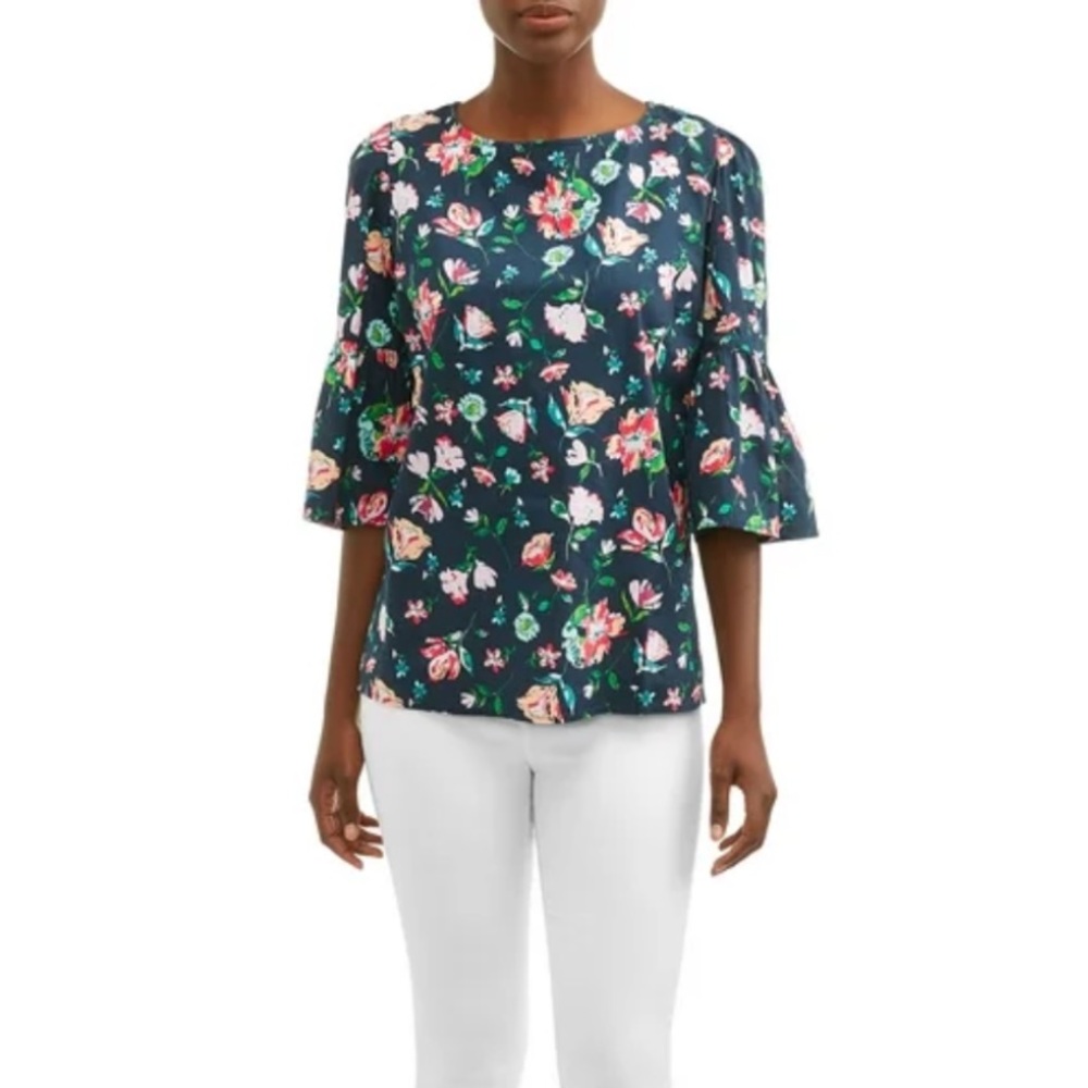 NEW Navy Floral Cotton Bell 3/4 Sleeve Top